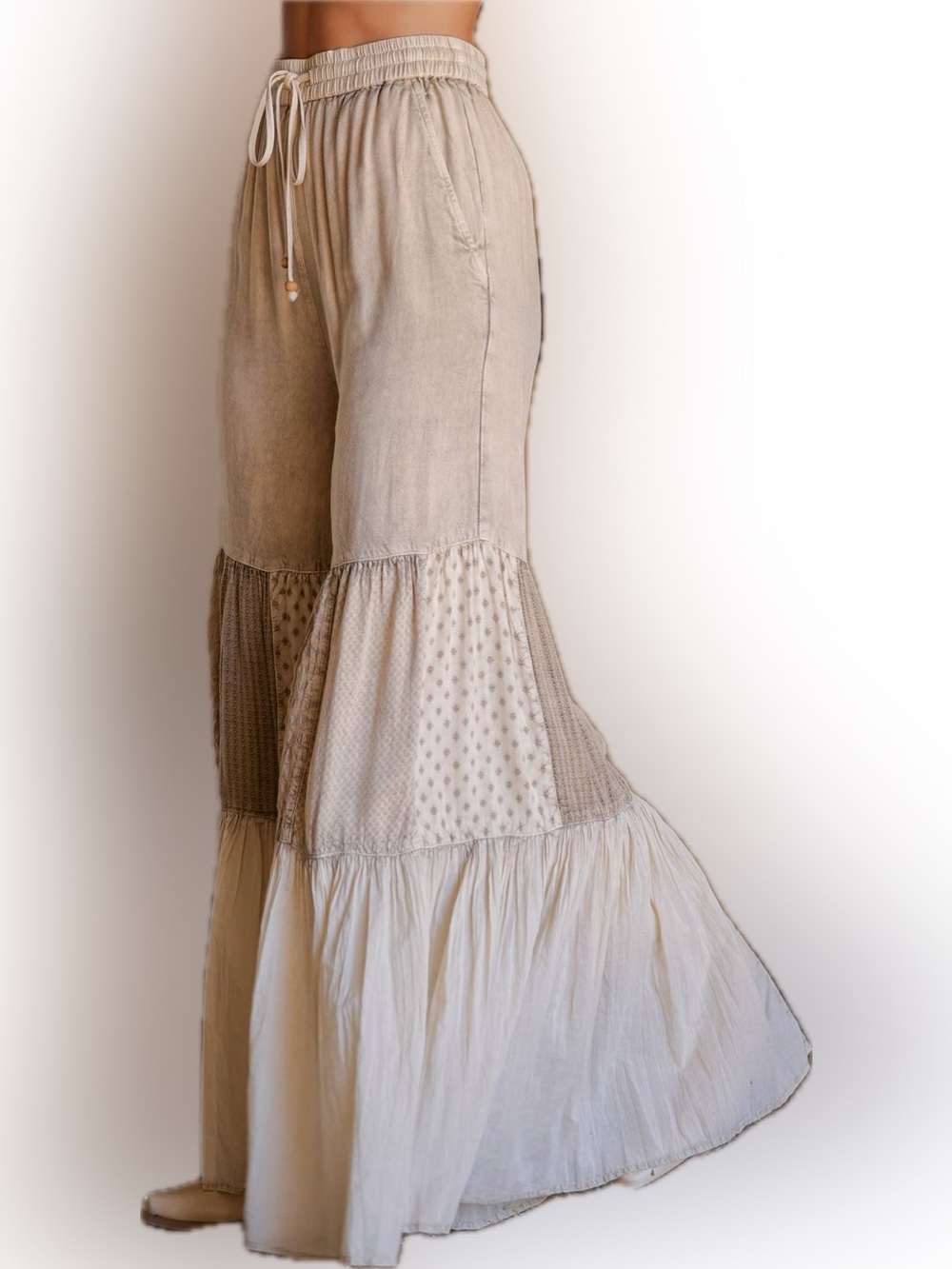 NWT- Tiered Wide-Leg Patchwork Pants - Latte Young Threads - Picture 12 of 14